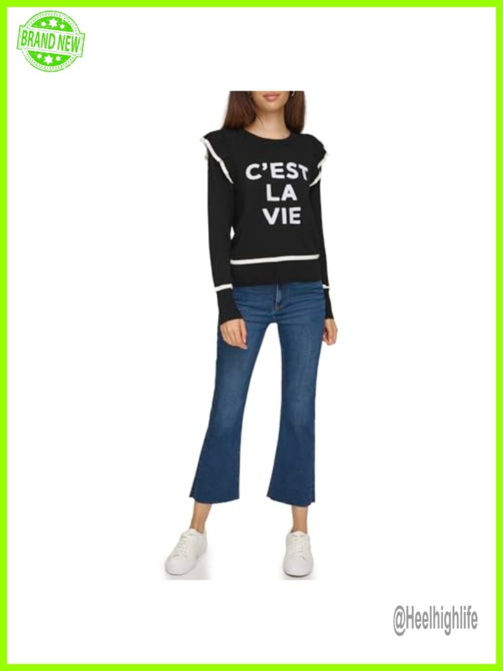 Ruffle Sleeve Graphic Sweater Pullover Collared Neck Long Sleeve